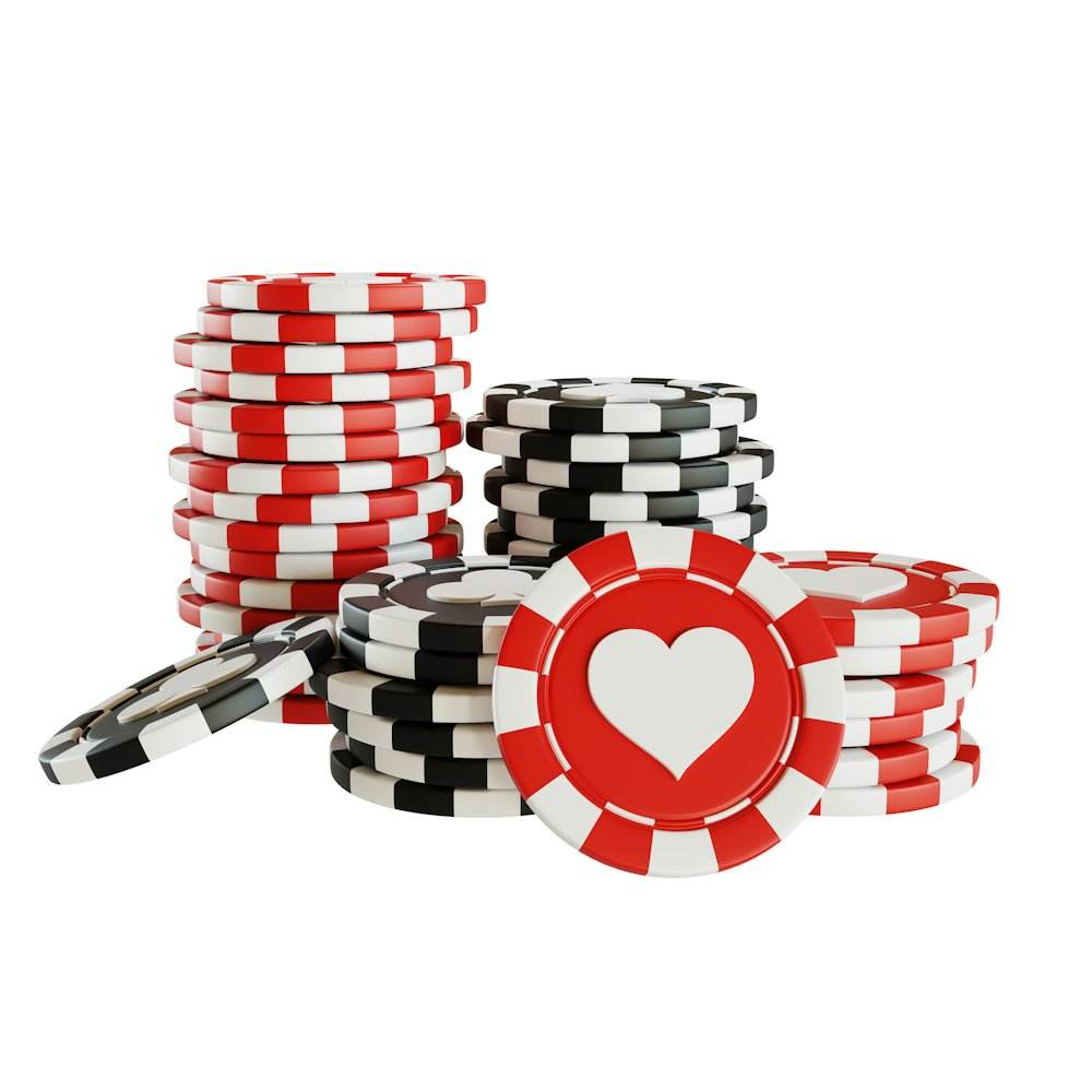 Chip kasino merah bertumpuk di atas chip bernilai tinggi — ilustrasi bonus member baru slot 100% dari Ibc138